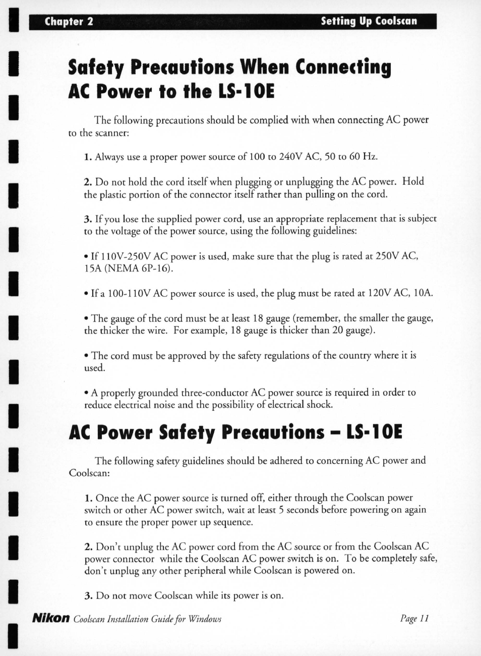 Ac power safety precautions - ls-10e, Ac power safety precautions - ls-loe, Nikon | Nikon LS-10 Installation Guide for Windows User Manual | Page 18 / 72