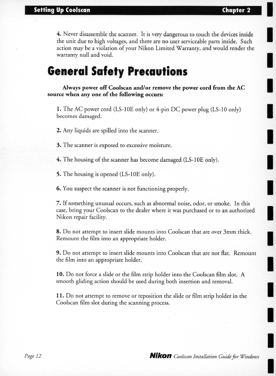 General safety precautions | Nikon LS-10 Installation Guide for Windows User Manual | Page 19 / 72