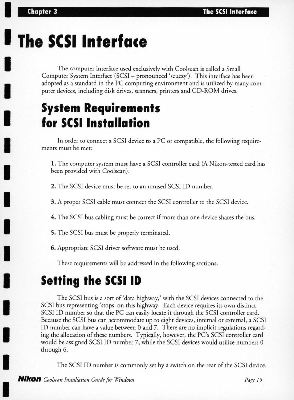 The scsi interface, System requirements for scsi installation, Setting the scsi id | Nikon LS-10 Installation Guide for Windows User Manual | Page 22 / 72