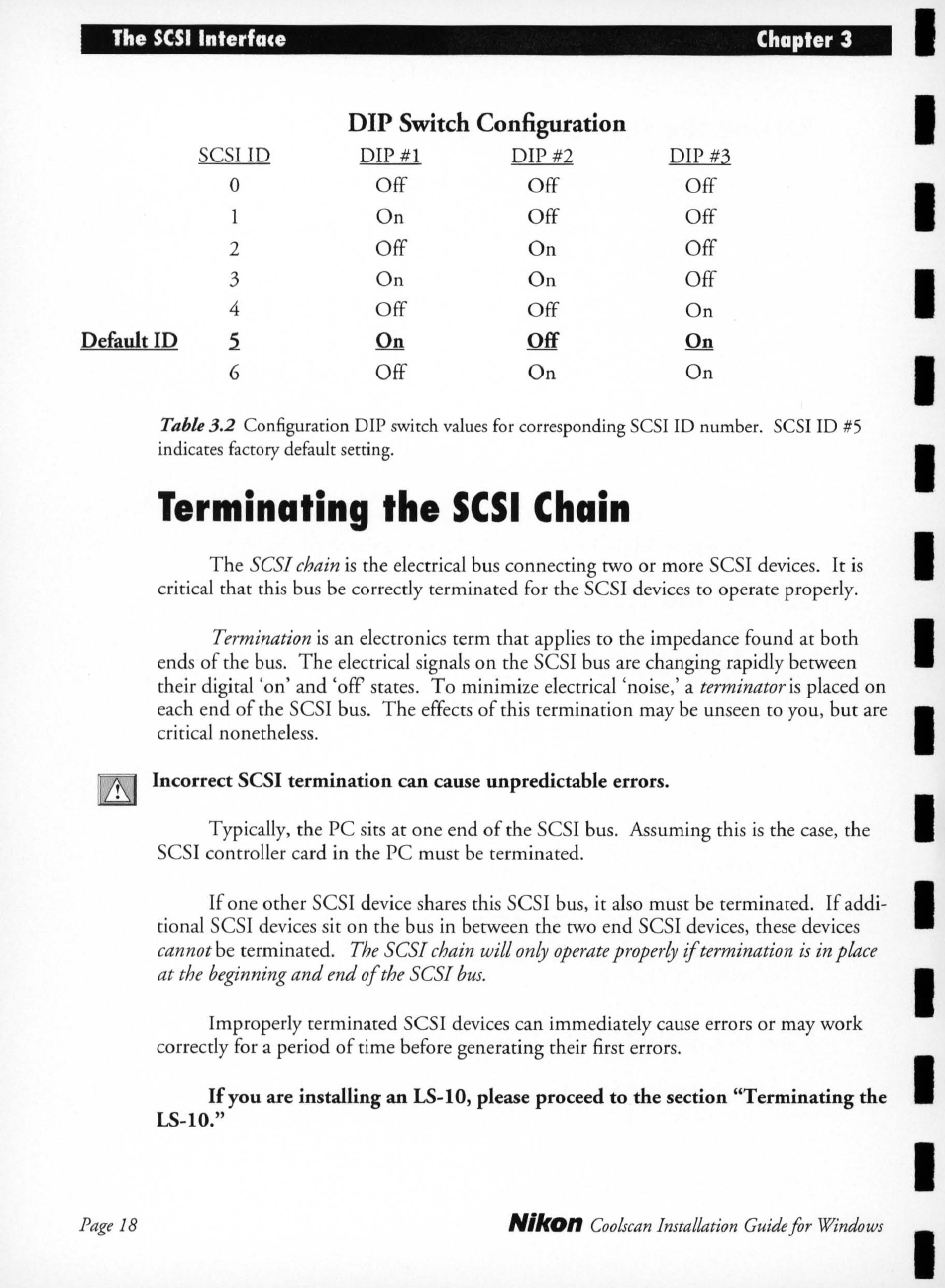 Terminating the scsi chain, Dip switch configuration | Nikon LS-10 Installation Guide for Windows User Manual | Page 25 / 72