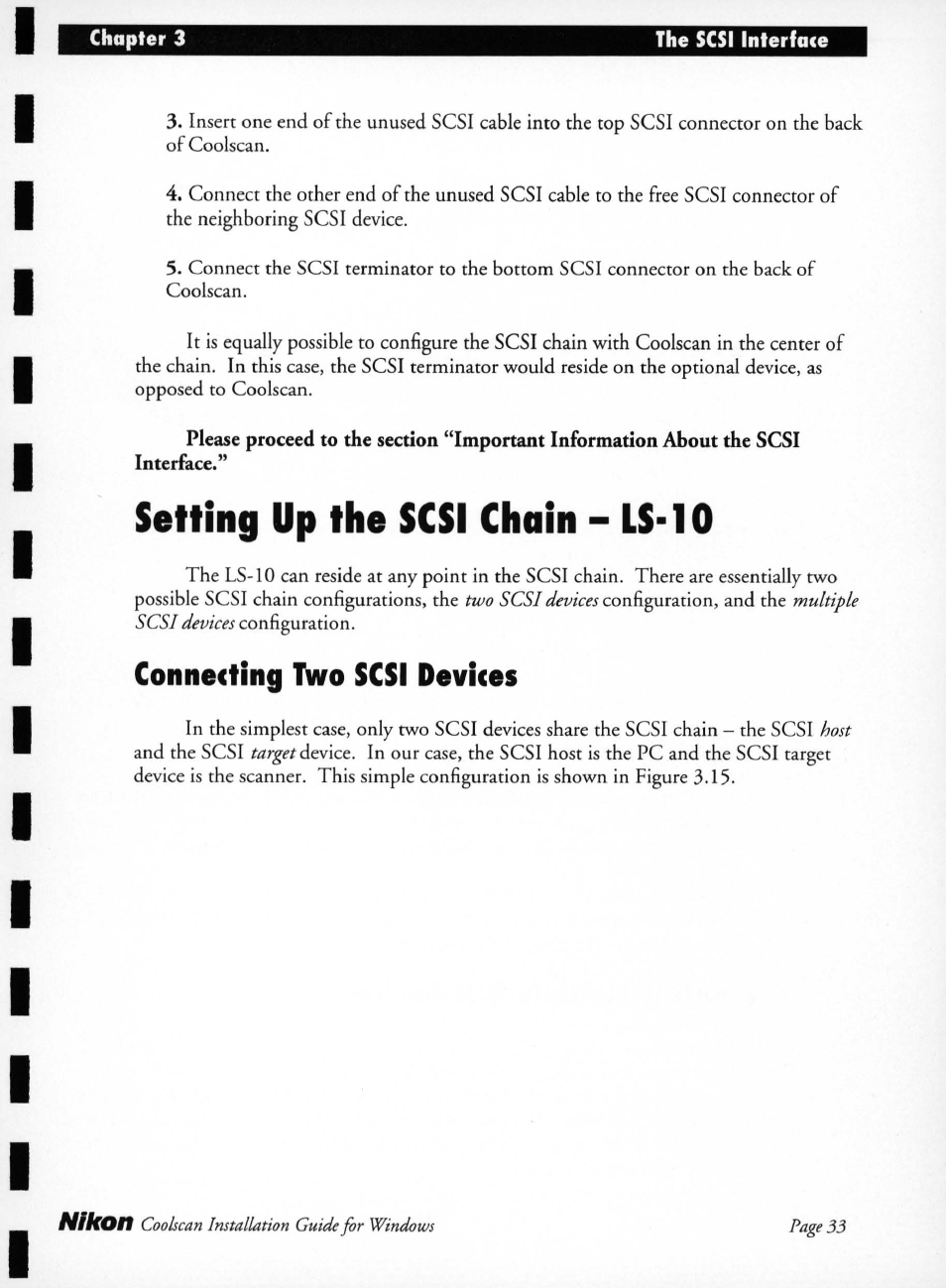 Setting up the scsi chain - is-10, Connecting two scsi devices, Setting up the scsi chain - ls-10 | Nikon LS-10 Installation Guide for Windows User Manual | Page 40 / 72