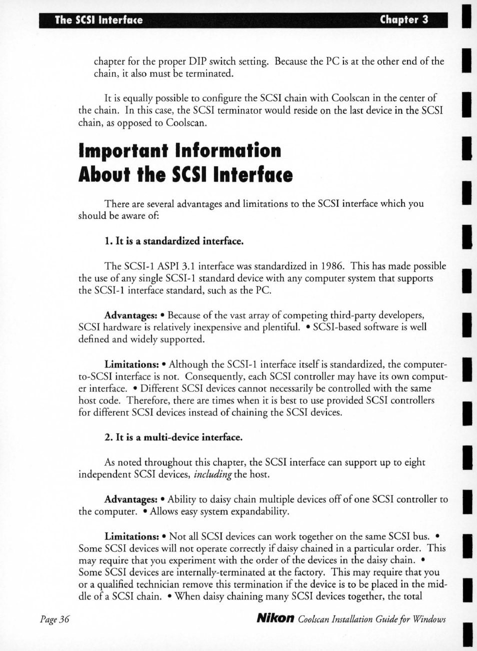 Important information, About the scsi interface, It is a standardized interface | It is a multi-device interface, Important information about the scsi interface | Nikon LS-10 Installation Guide for Windows User Manual | Page 43 / 72
