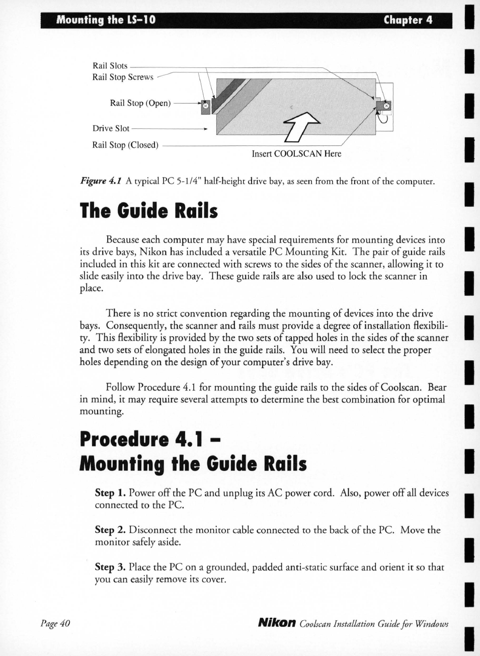 The guide rails, Procedure 4.1 - mounting the guide rails | Nikon LS-10 Installation Guide for Windows User Manual | Page 47 / 72