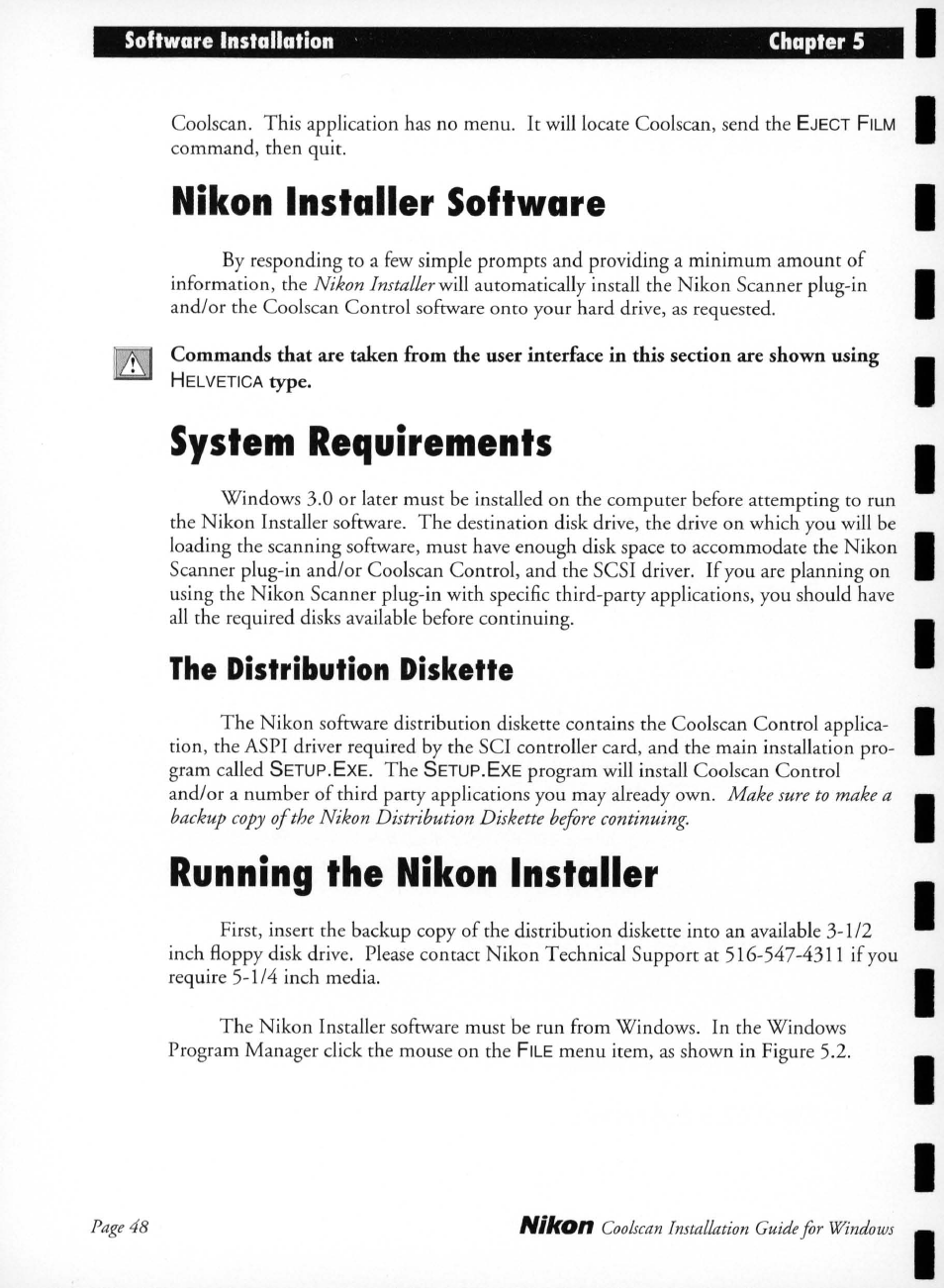 Nikon installer software, System requirements, The distribution diskette | Running the nikon installer, Command, then quit, Menu item, as shown in figure 5.2 | Nikon LS-10 Installation Guide for Windows User Manual | Page 55 / 72