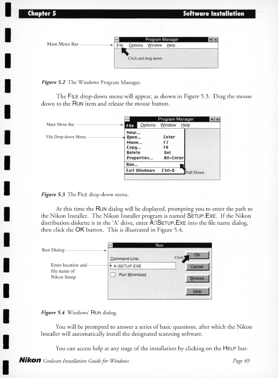 Nikon, Figure 5.2, Item and release the mouse button | Figure 5.3, At this time the, Growse, Figure 5.4, Coolscan installation guide for windows page 49, The windows program manager, The file drop-down menu | Nikon LS-10 Installation Guide for Windows User Manual | Page 56 / 72