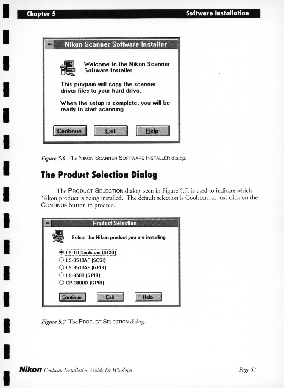 The product selection dialog, Nlinüe, Figure 5.6 | Dialog, seen in figure, Button to proceed, Figure 5.7, Nikon | Nikon LS-10 Installation Guide for Windows User Manual | Page 58 / 72