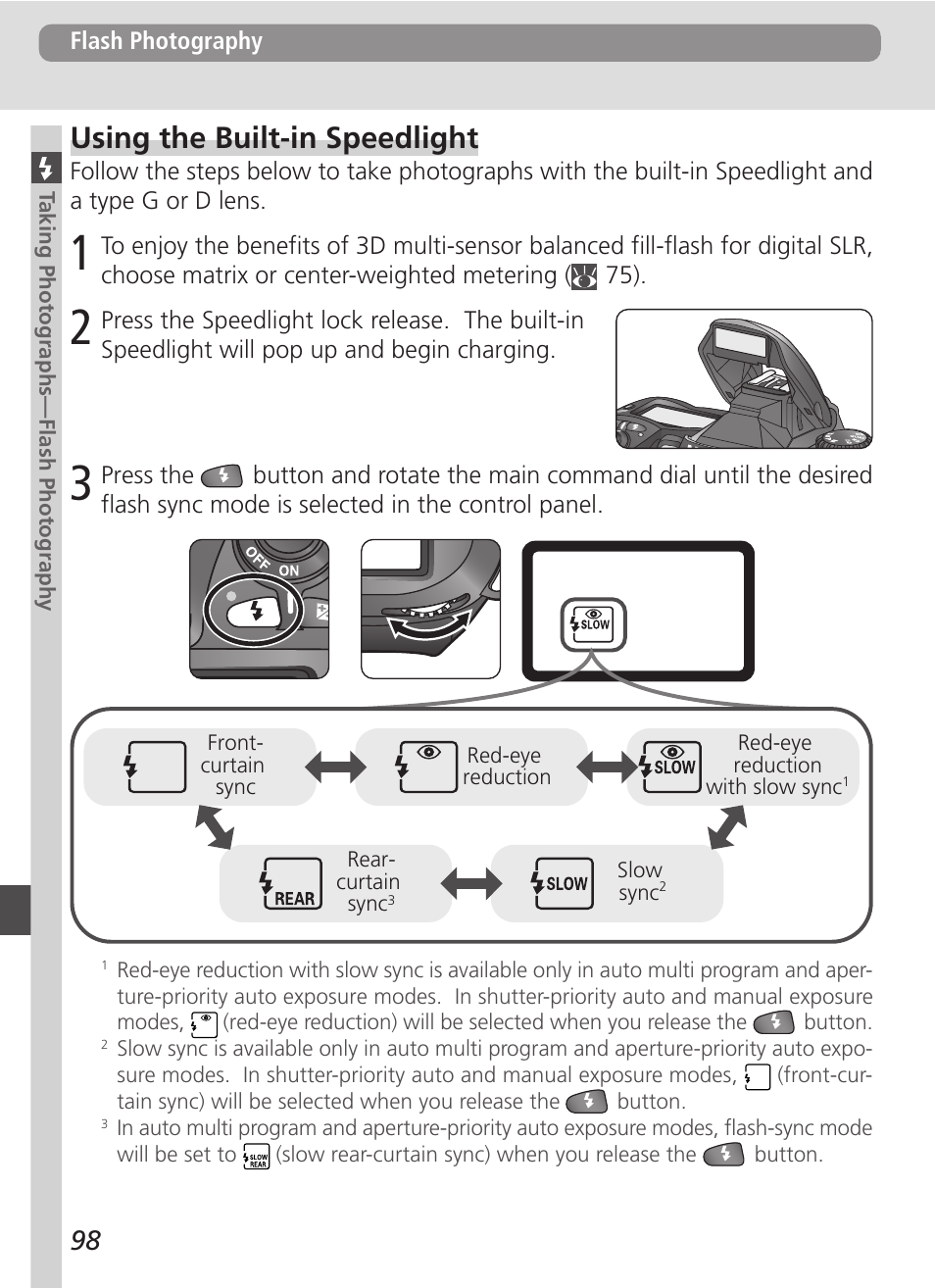 Using the built-in speedlight | Nikon D100 User Manual | Page 110 / 212