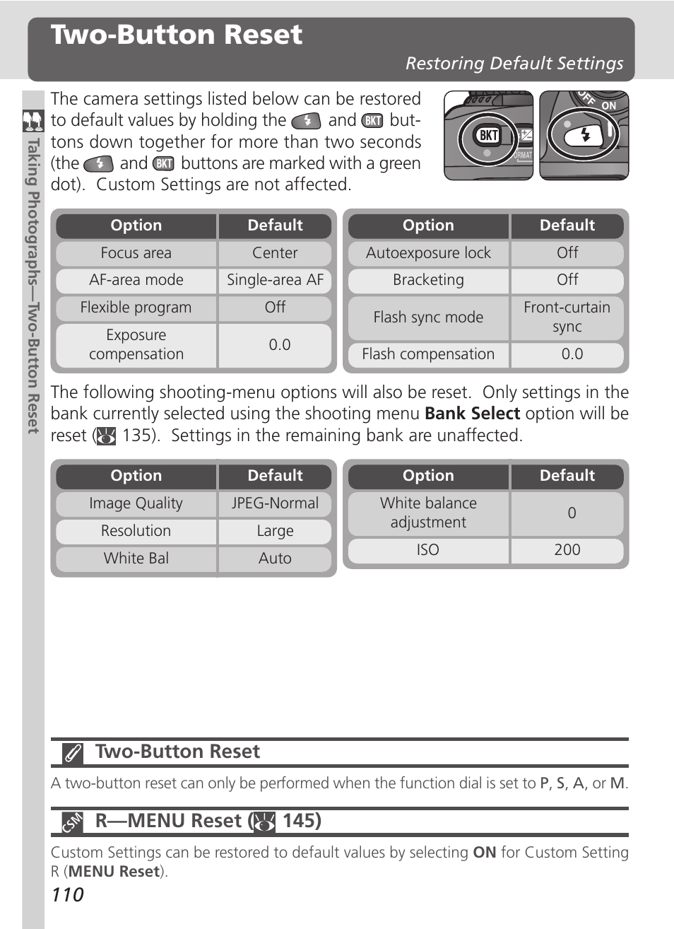 Two-button reset, R—menu reset ( 145) | Nikon D100 User Manual | Page 122 / 212