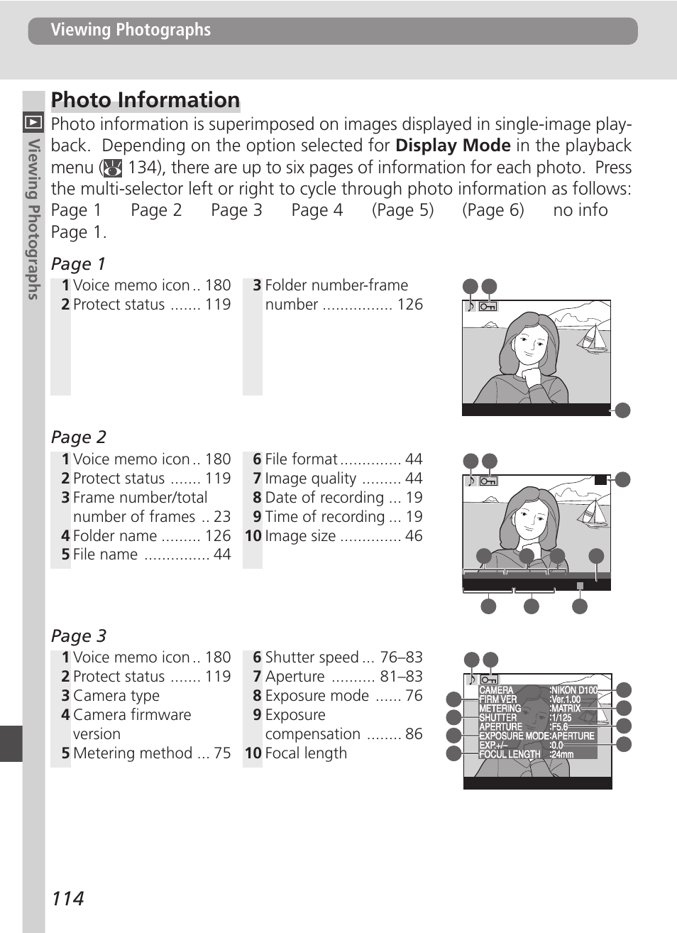 Photo information, Viewing photographs, Page 1 | Page 3 | Nikon D100 User Manual | Page 126 / 212