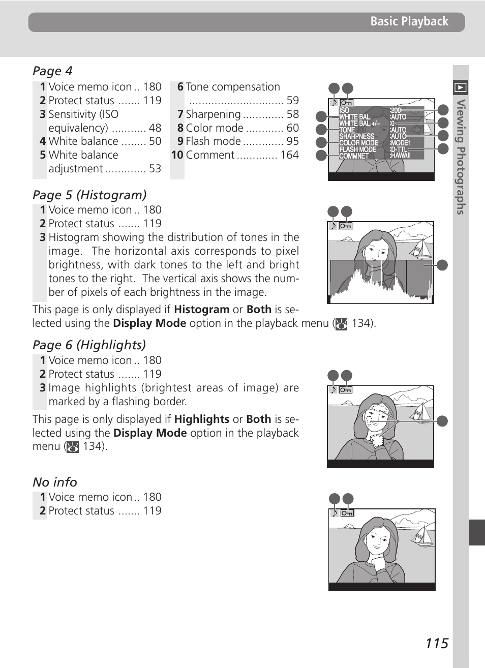 Basic playback, Page 4, Page 5 (histogram) | Page 6 (highlights), No info | Nikon D100 User Manual | Page 127 / 212