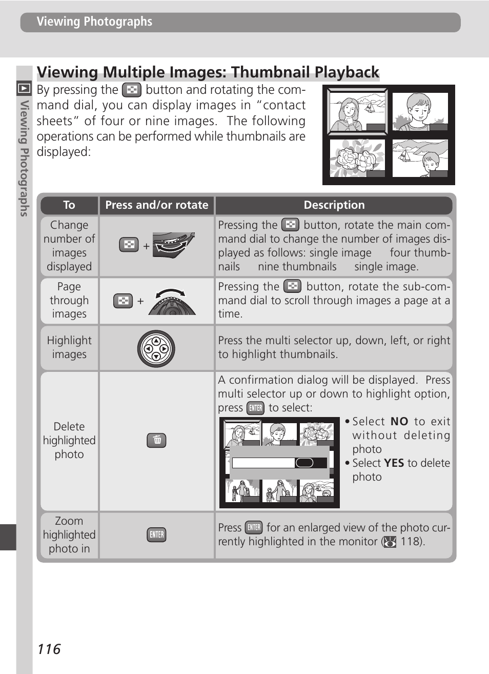Viewing multiple images: thumbnail playback, Viewing photographs | Nikon D100 User Manual | Page 128 / 212