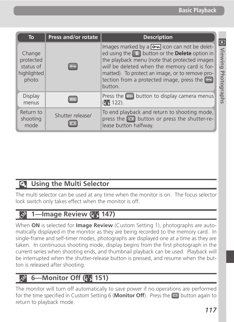 Using the multi selector, 1—image review ( 147), 6—monitor off ( 151) | Nikon D100 User Manual | Page 129 / 212