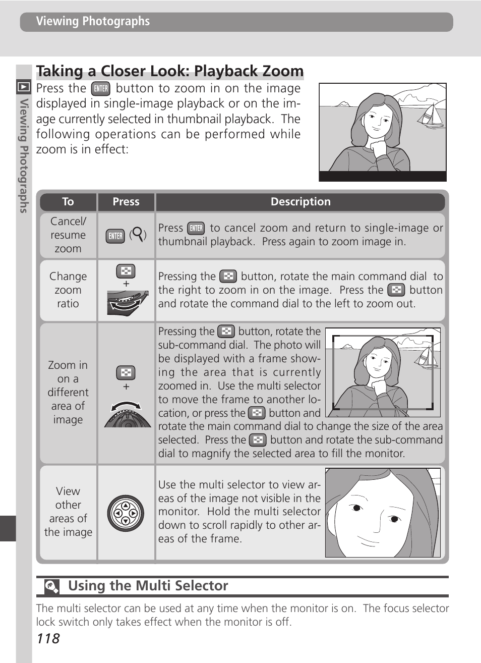 Taking a closer look: playback zoom, Using the multi selector | Nikon D100 User Manual | Page 130 / 212