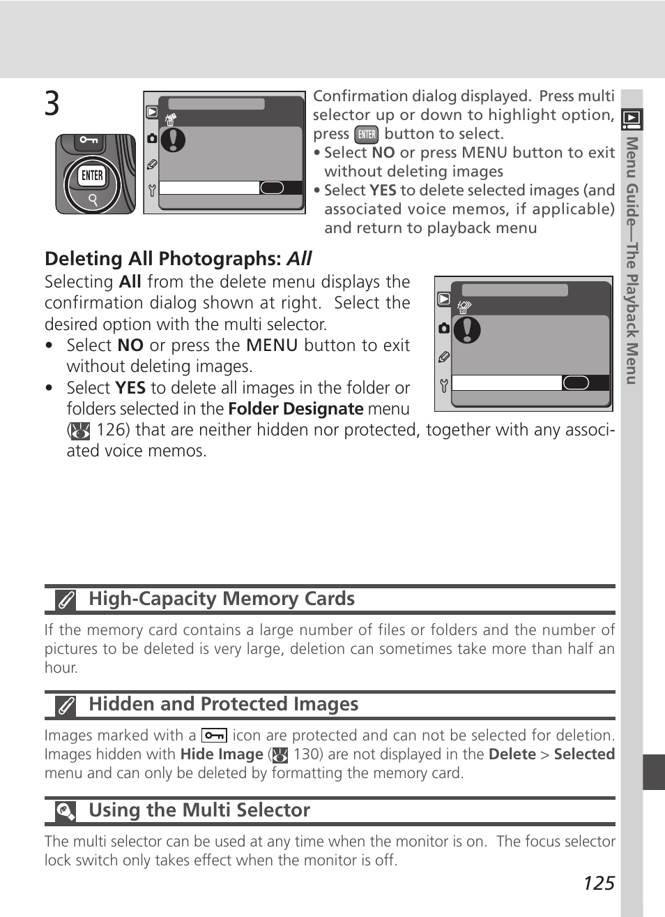 Deleting all photographs: all, Hidden and protected images, Using the multi selector | Nikon D100 User Manual | Page 137 / 212