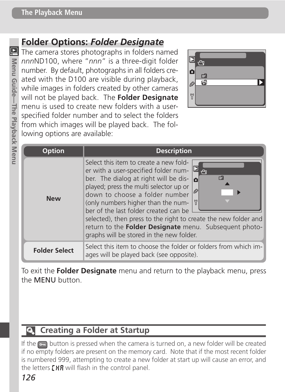 Folder options: folder designate, Creating a folder at startup | Nikon D100 User Manual | Page 138 / 212