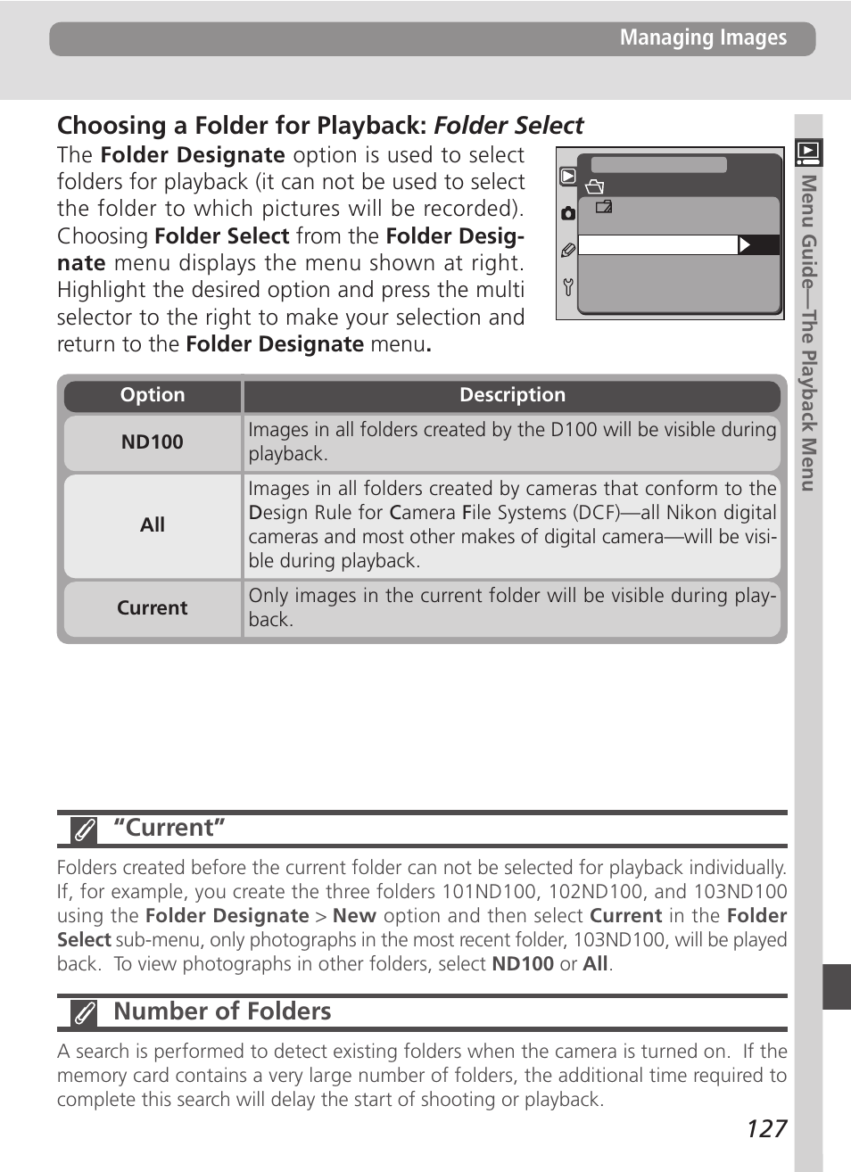 Choosing a folder for playback: folder select, Current, Number of folders | Nikon D100 User Manual | Page 139 / 212