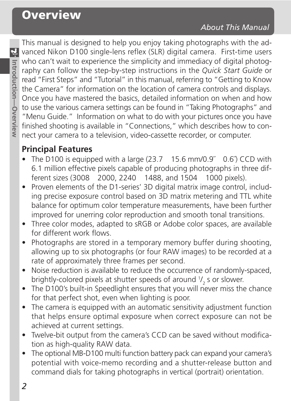 Overview | Nikon D100 User Manual | Page 14 / 212