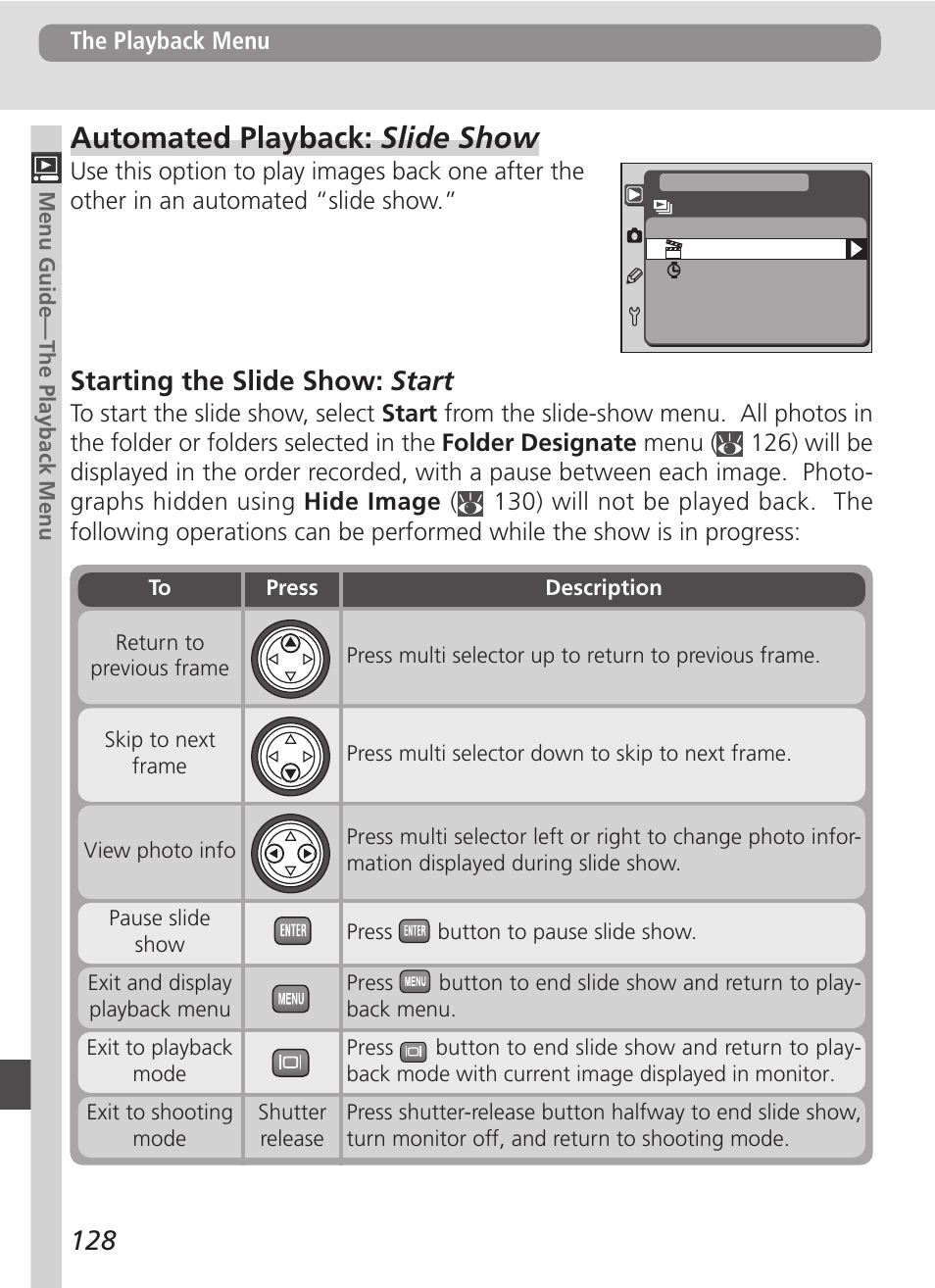 Automated playback: slide show, Starting the slide show: start | Nikon D100 User Manual | Page 140 / 212