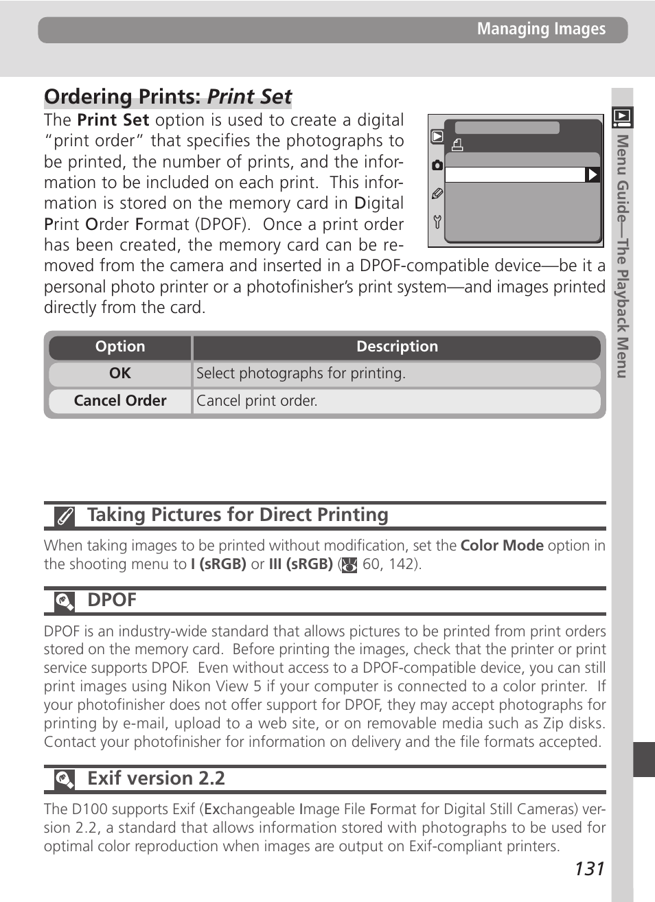 Ordering prints: print set, Taking pictures for direct printing, Dpof | Exif version 2.2 | Nikon D100 User Manual | Page 143 / 212