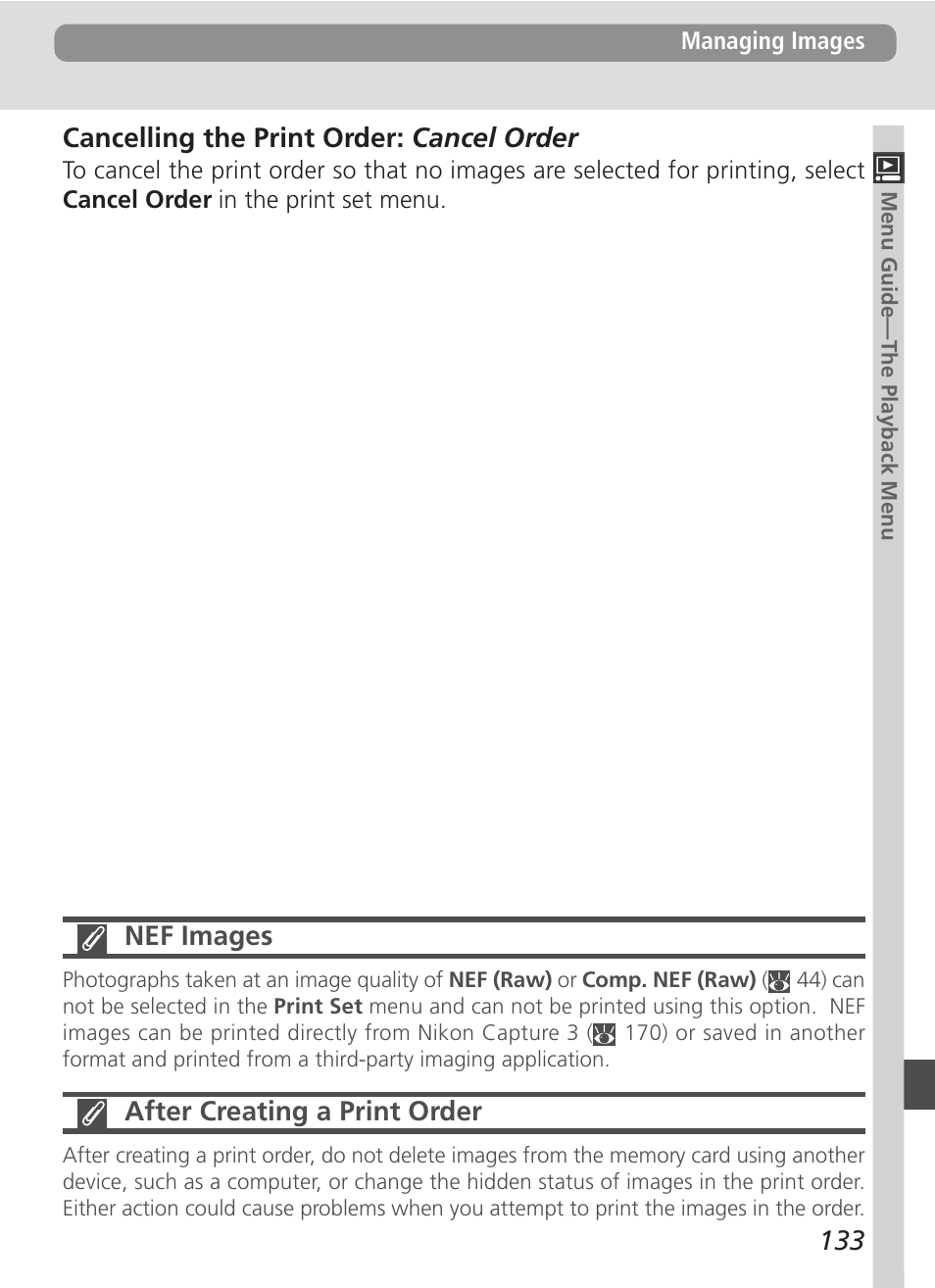 133 nef images, After creating a print order, Cancelling the print order: cancel order | Nikon D100 User Manual | Page 145 / 212