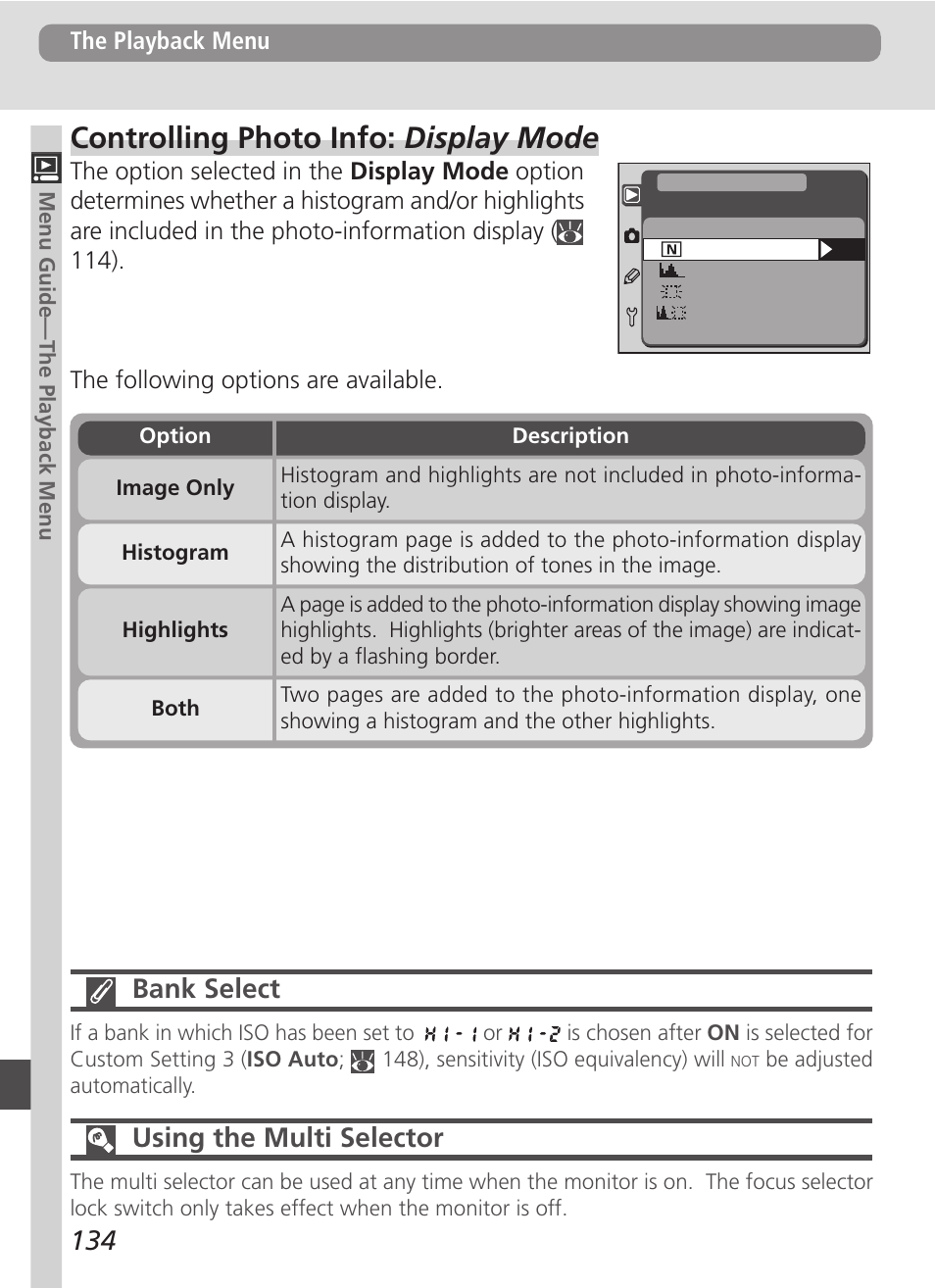 Controlling photo info: display mode, Bank select, Using the multi selector | Nikon D100 User Manual | Page 146 / 212