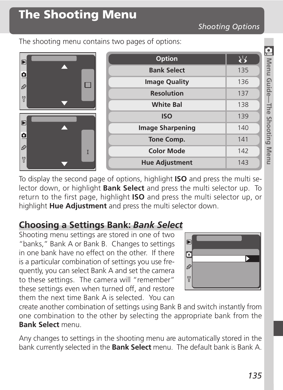 The shooting menu, Choosing a settings bank: bank select | Nikon D100 User Manual | Page 147 / 212