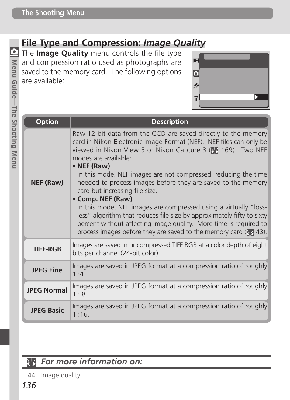 File type and compression: image quality, For more information on | Nikon D100 User Manual | Page 148 / 212