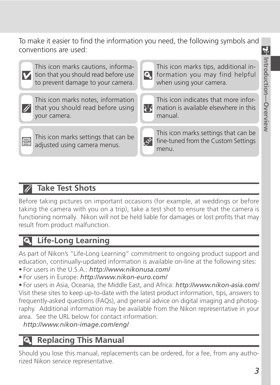 Take test shots, Life-long learning, Replacing this manual | Nikon D100 User Manual | Page 15 / 212
