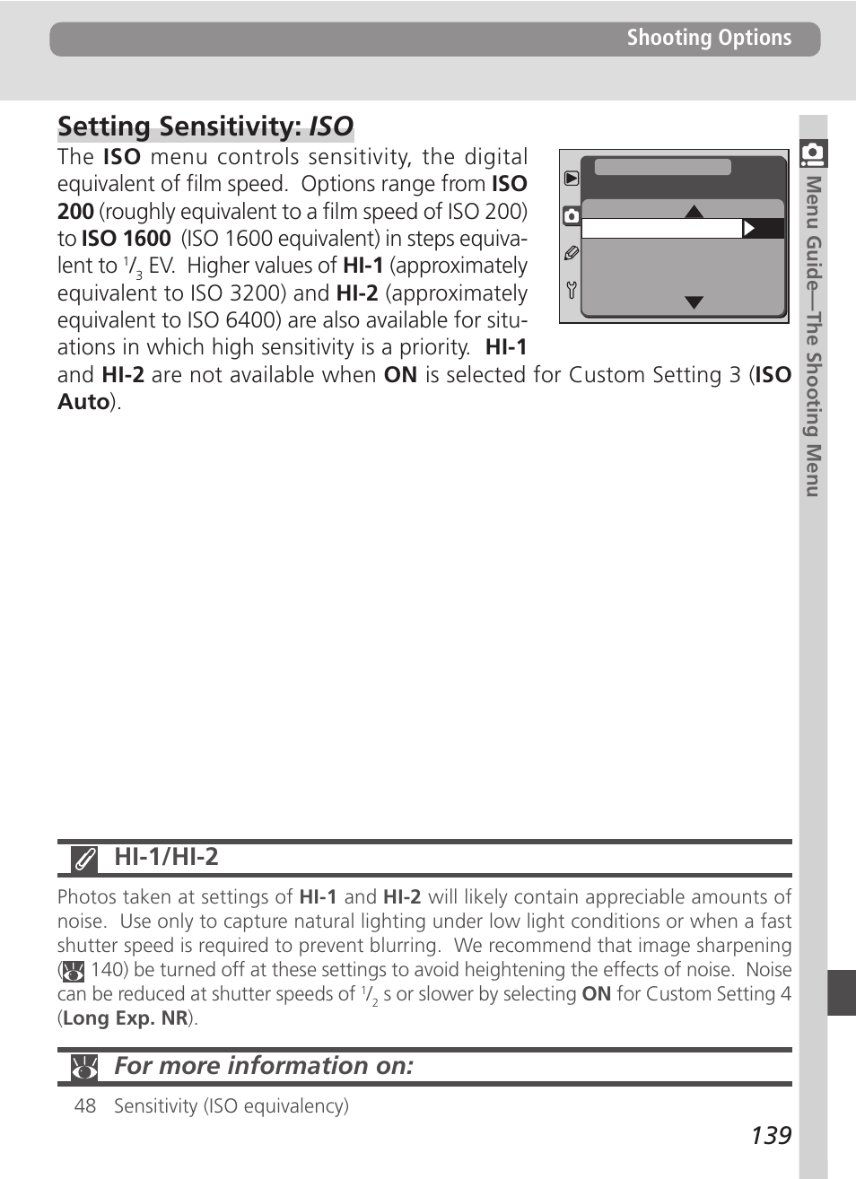 Setting sensitivity: iso, Hi-1/hi-2, For more information on | Nikon D100 User Manual | Page 151 / 212