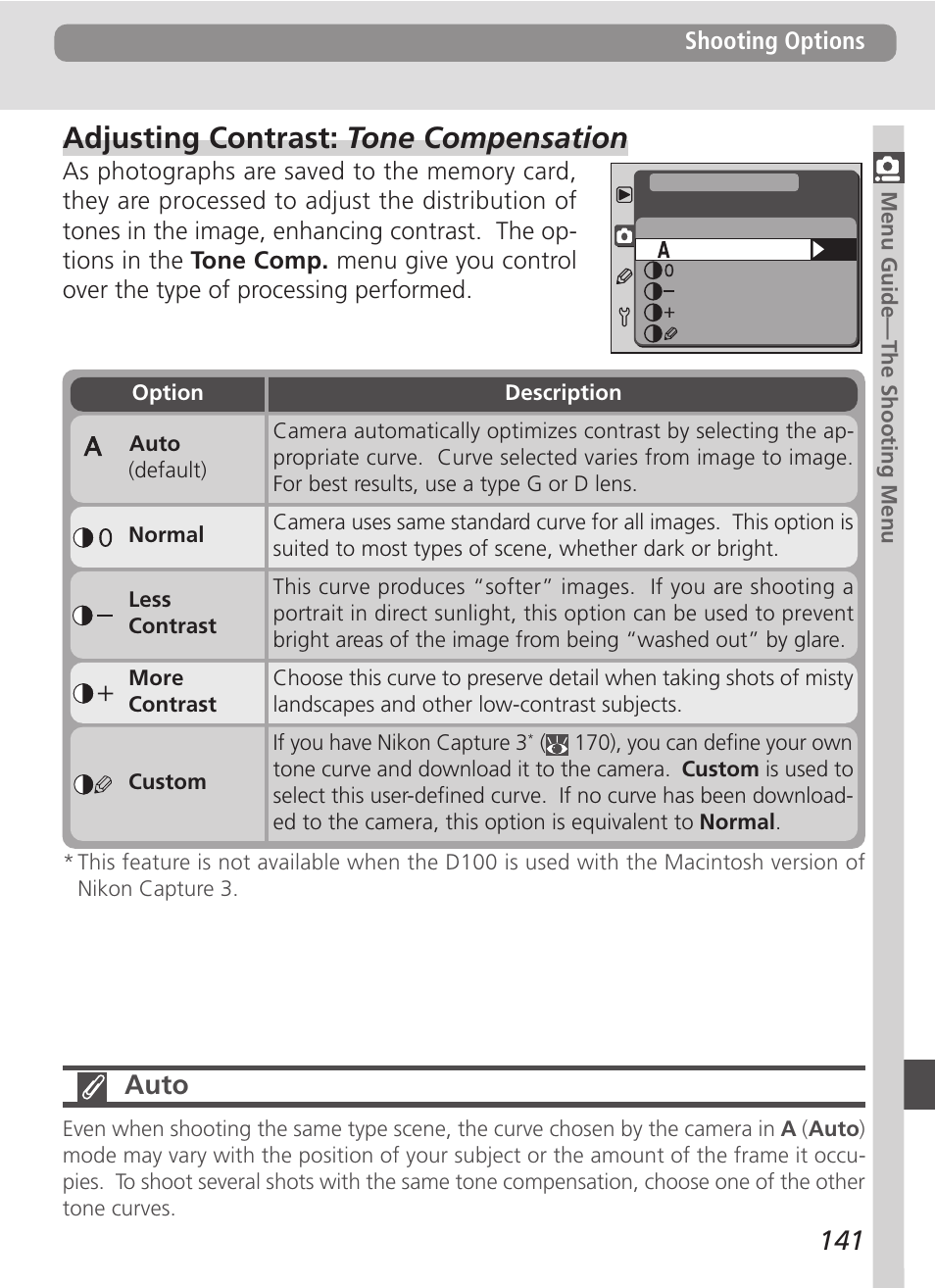Adjusting contrast: tone compensation, Auto | Nikon D100 User Manual | Page 153 / 212
