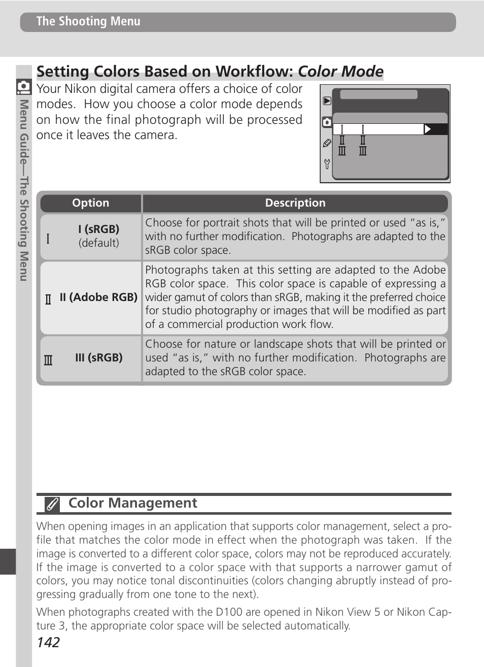 Setting colors based on workflow: color mode, Color management | Nikon D100 User Manual | Page 154 / 212