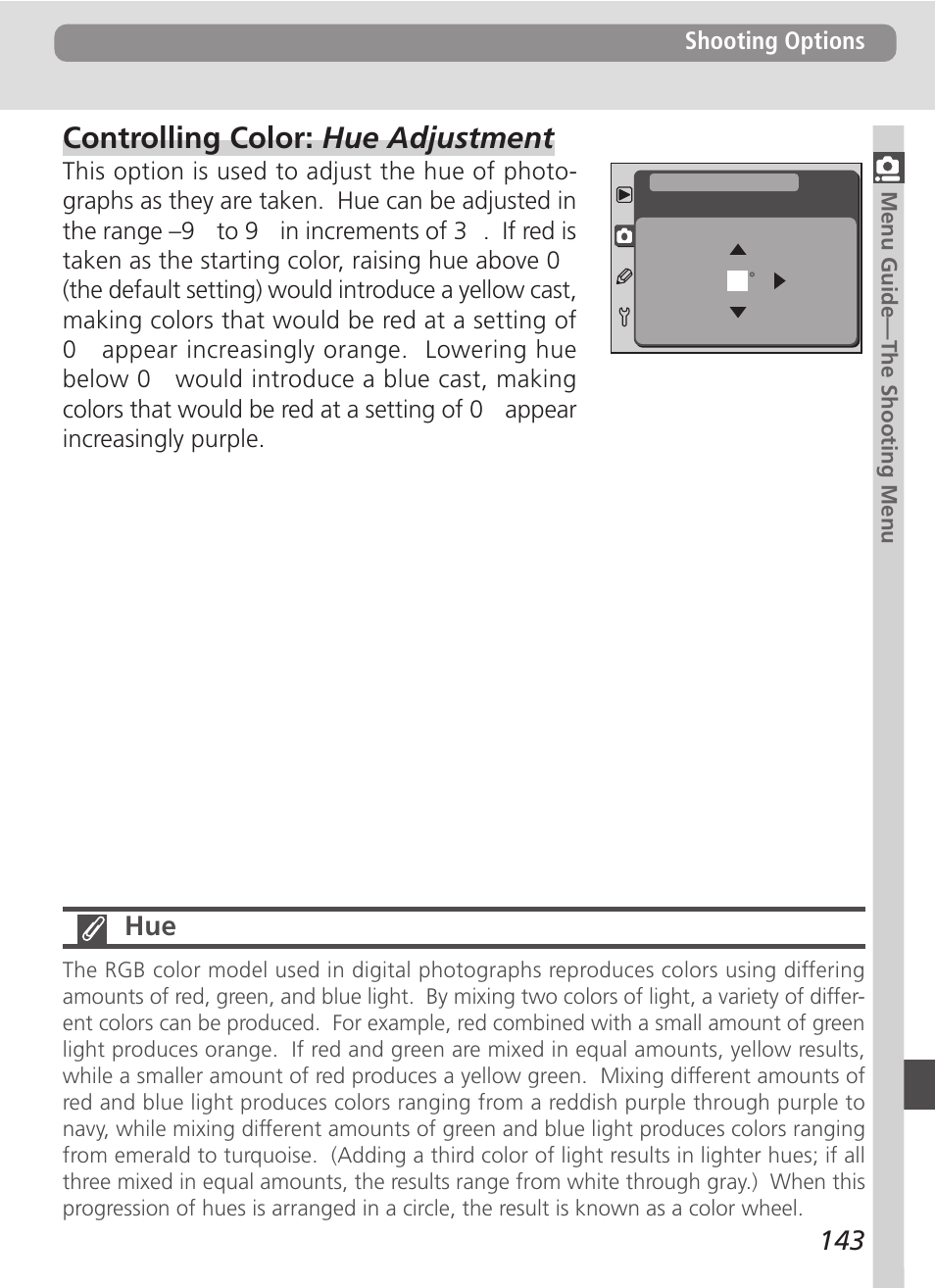 Controlling color: hue adjustment | Nikon D100 User Manual | Page 155 / 212