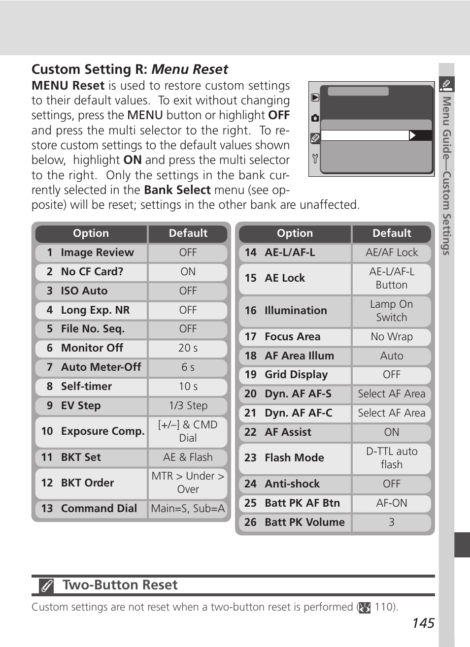 145 two-button reset, Custom setting r: menu reset | Nikon D100 User Manual | Page 157 / 212