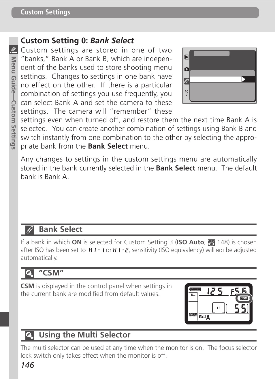 146 custom setting 0: bank select, Bank select, Using the multi selector | Nikon D100 User Manual | Page 158 / 212