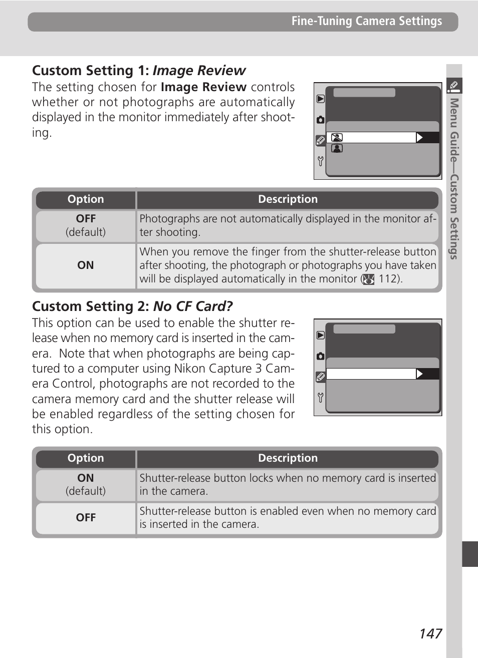 147 custom setting 2: no cf card, Custom setting 1: image review | Nikon D100 User Manual | Page 159 / 212