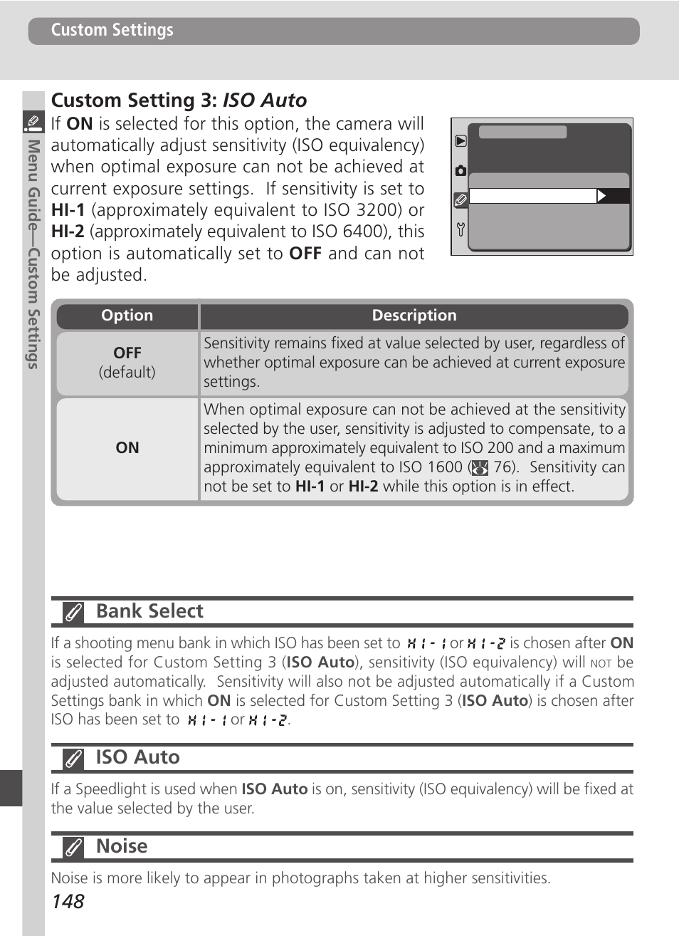 148 custom setting 3: iso auto, Bank select, Iso auto | Noise | Nikon D100 User Manual | Page 160 / 212