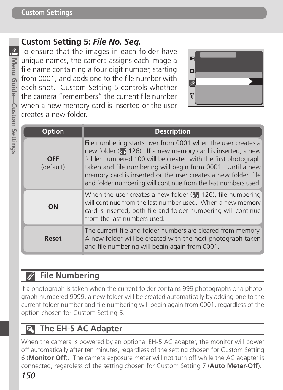 150 file numbering, The eh-5 ac adapter, Custom setting 5: file no. seq | Nikon D100 User Manual | Page 162 / 212