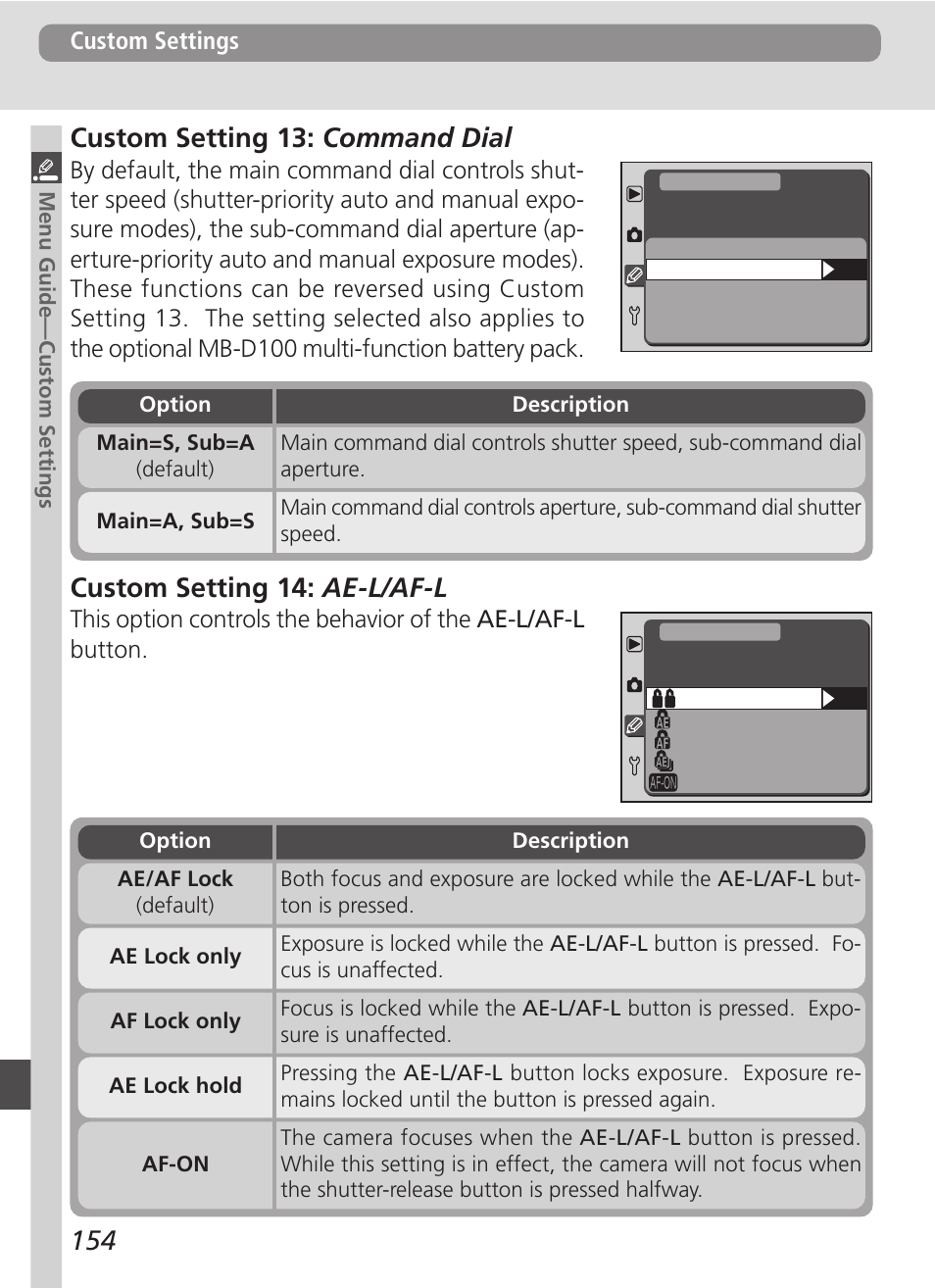 Custom setting 14: ae-l/af-l | Nikon D100 User Manual | Page 166 / 212