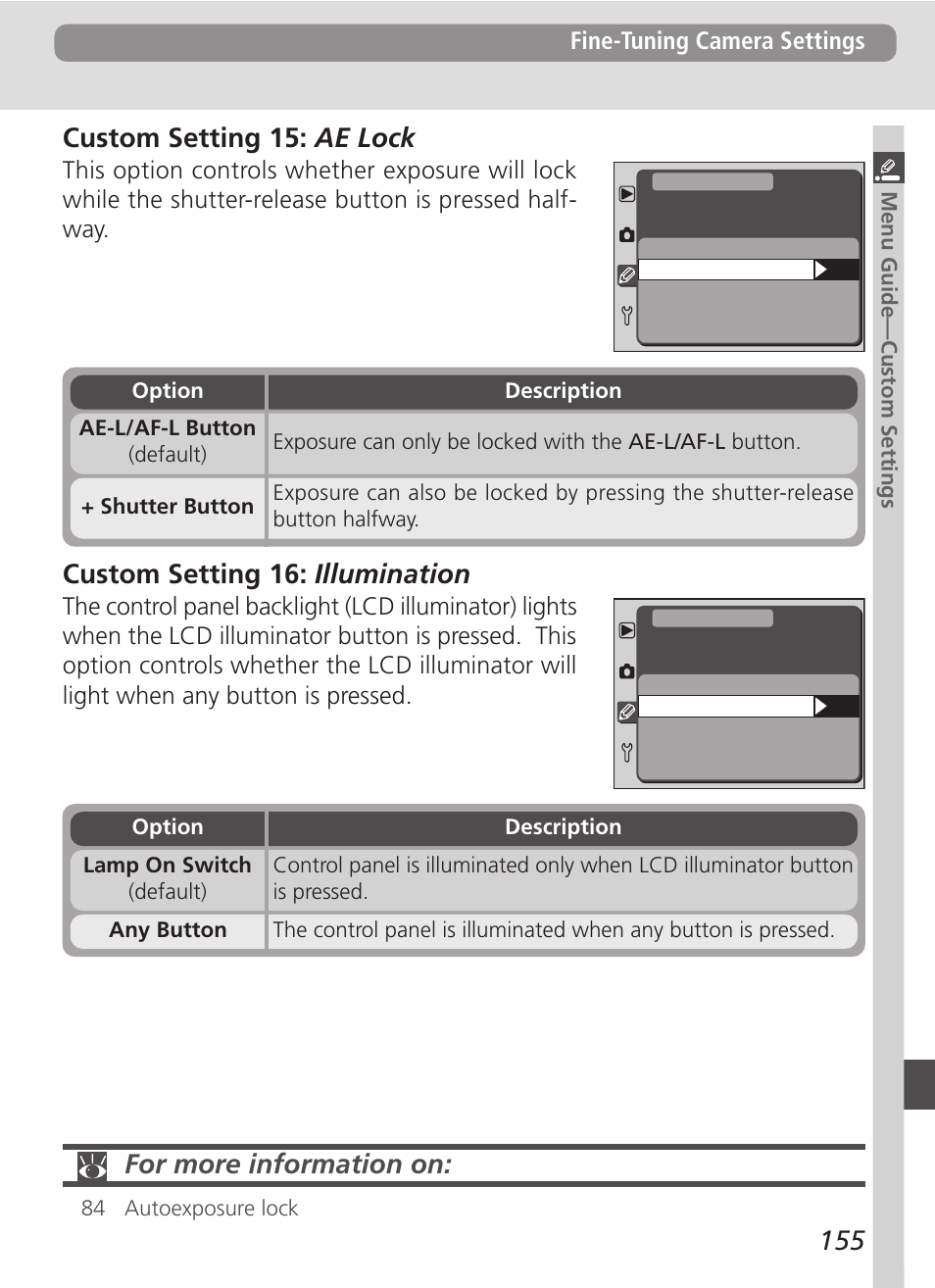 Custom setting 16: illumination, For more information on | Nikon D100 User Manual | Page 167 / 212