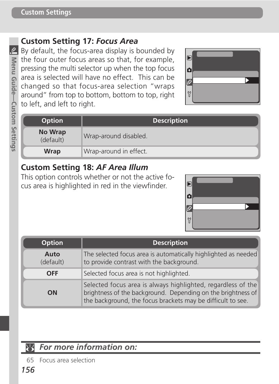 Custom setting 18: af area illum, For more information on | Nikon D100 User Manual | Page 168 / 212