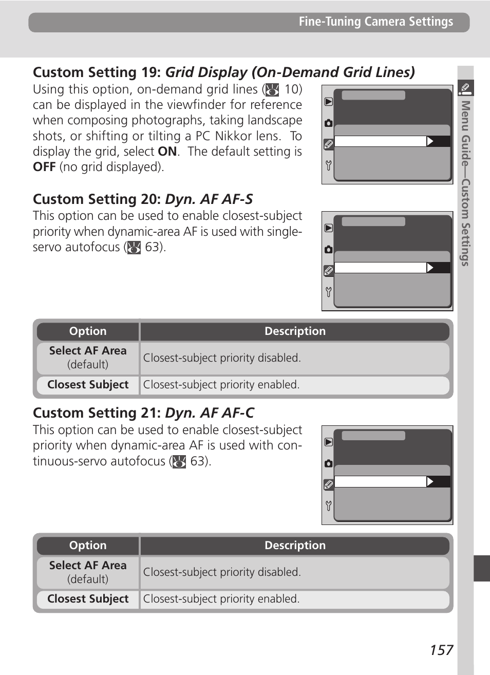 Custom setting 20: dyn. af af-s, Custom setting 21: dyn. af af-c | Nikon D100 User Manual | Page 169 / 212