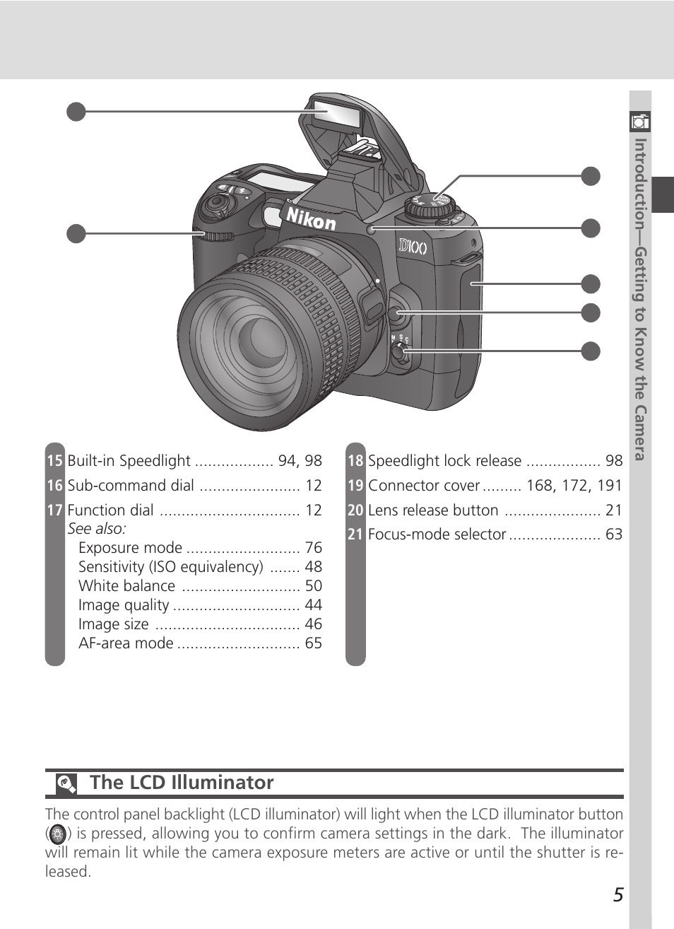 The lcd illuminator | Nikon D100 User Manual | Page 17 / 212