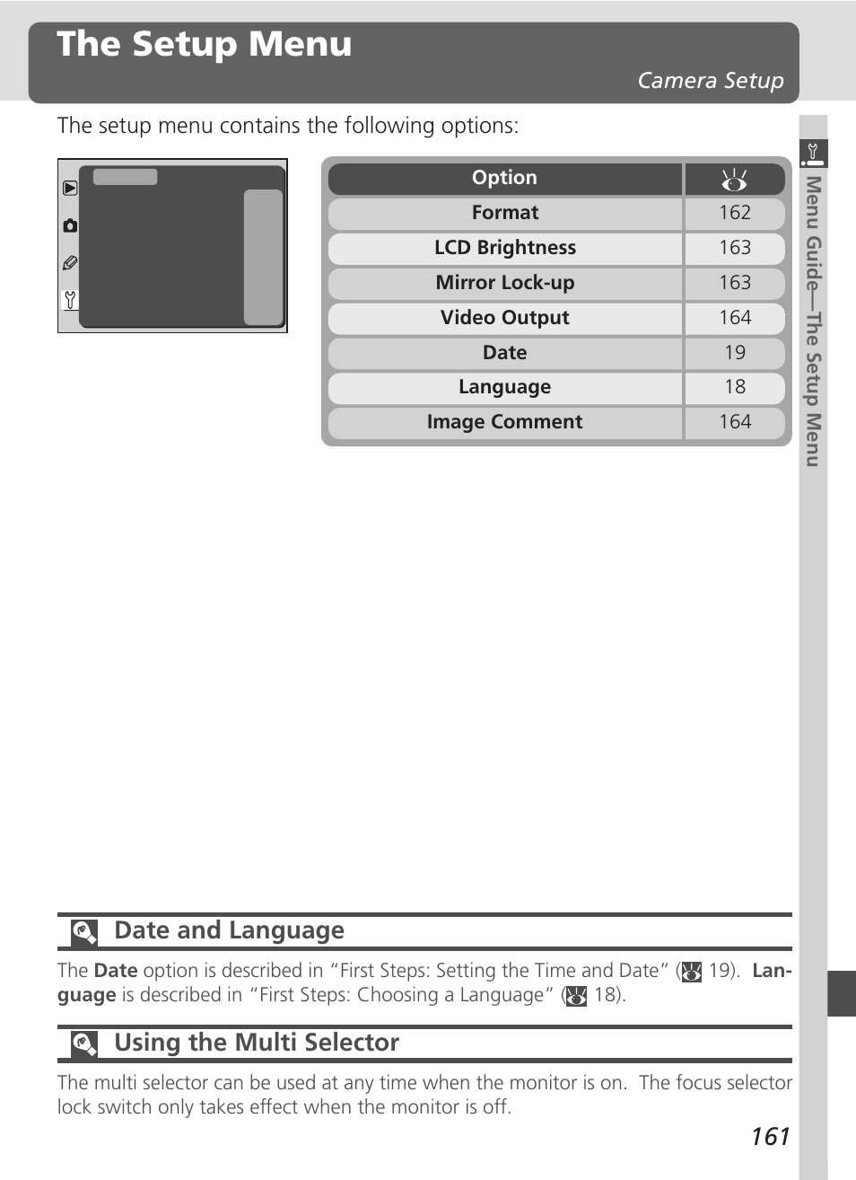 The setup menu, Date and language, Using the multi selector | Nikon D100 User Manual | Page 173 / 212