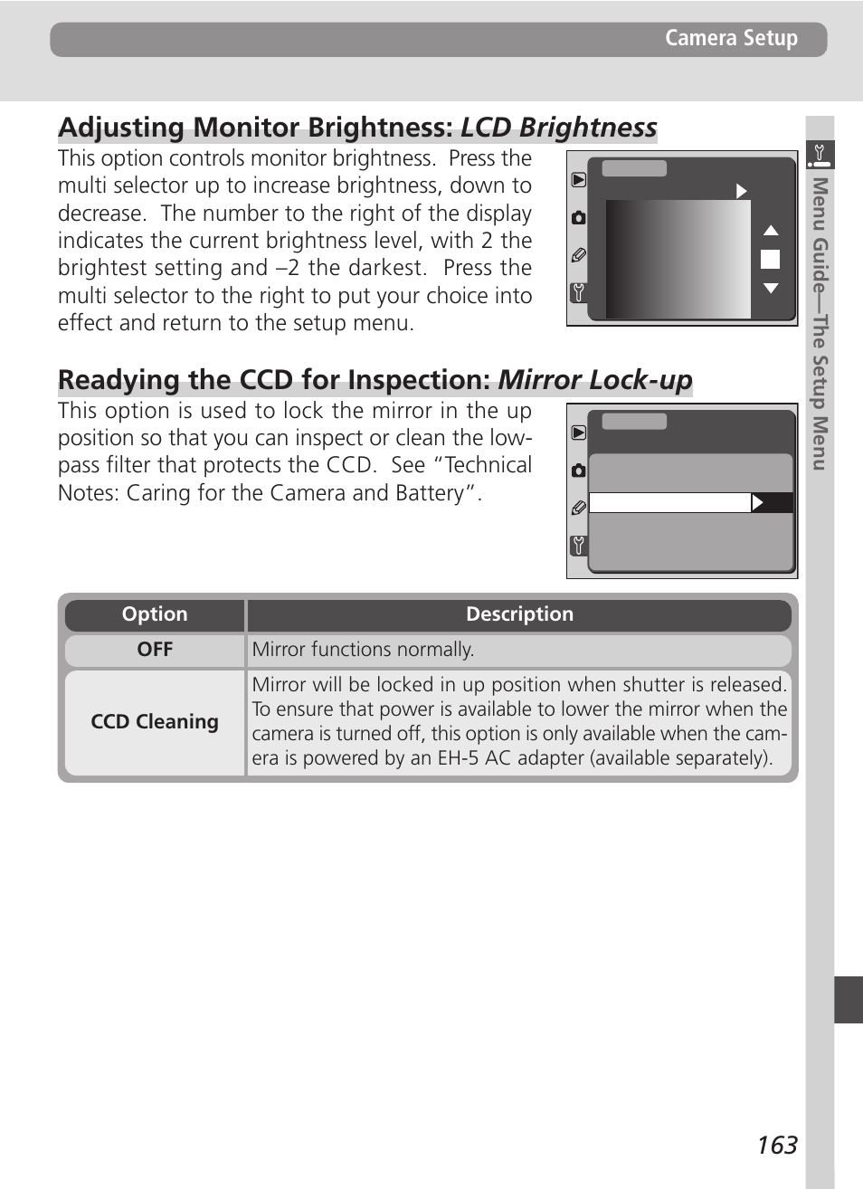 Adjusting monitor brightness: lcd brightness, Readying the ccd for inspection: mirror lock-up | Nikon D100 User Manual | Page 175 / 212