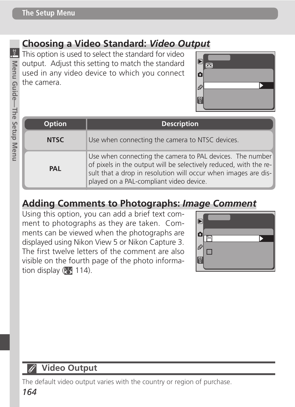 Choosing a video standard: video output, Adding comments to photographs: image comment, Video output | Nikon D100 User Manual | Page 176 / 212