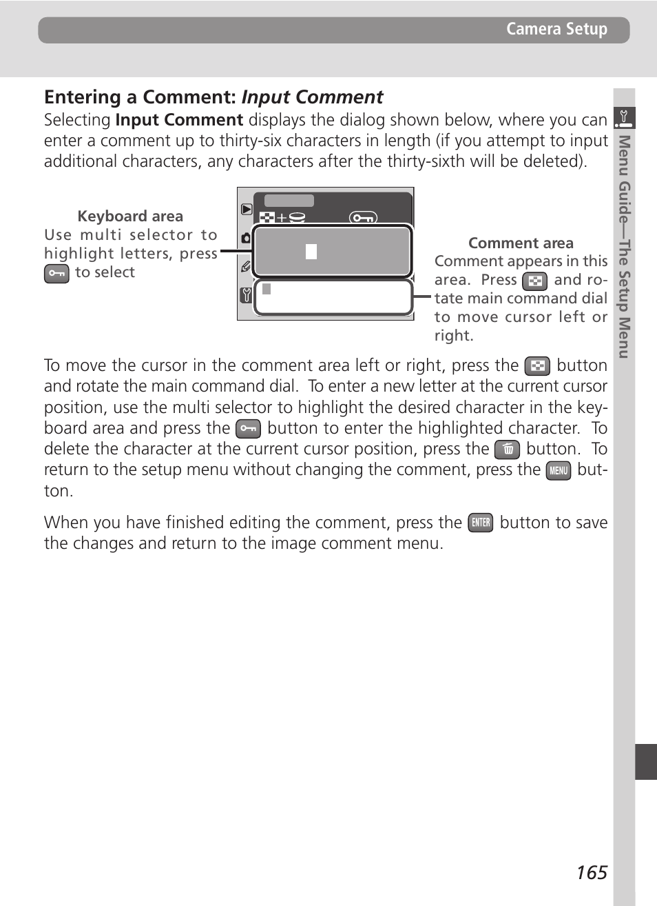 165 entering a comment: input comment | Nikon D100 User Manual | Page 177 / 212