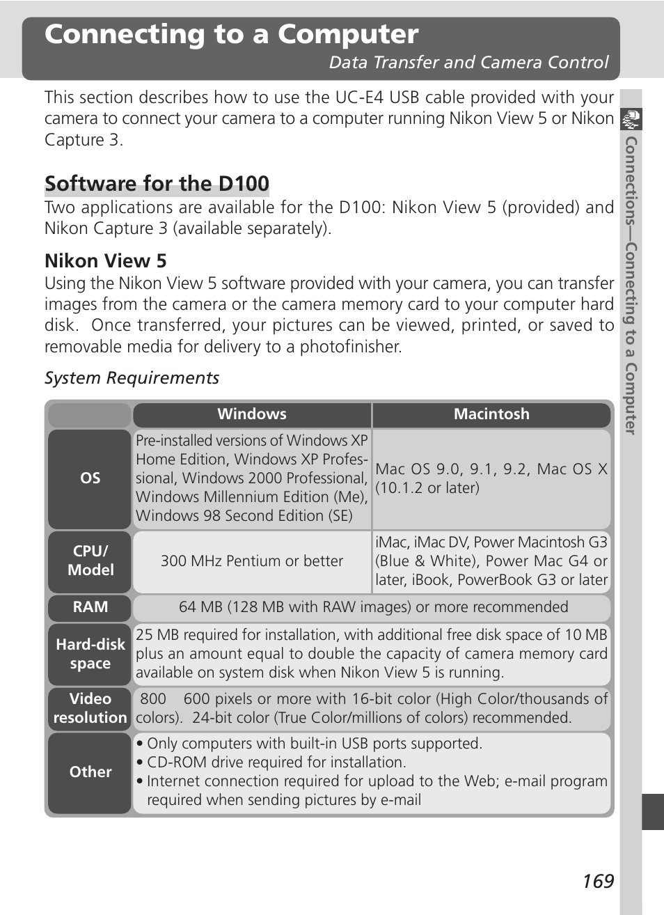 Connecting to a computer, Software for the d100, Nikon view 5 | Nikon D100 User Manual | Page 181 / 212