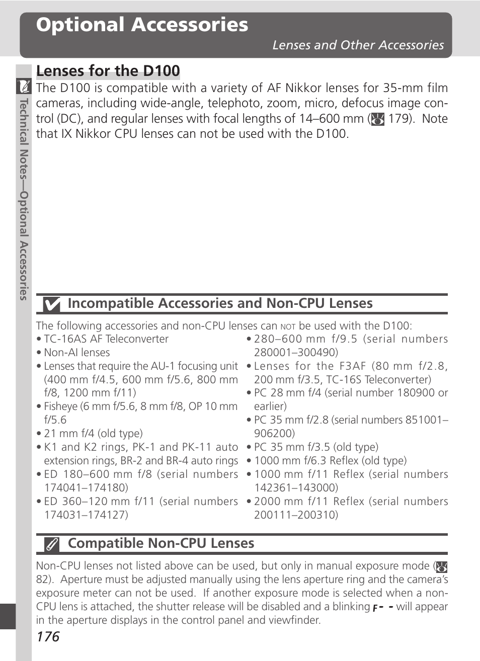 Optional accessories, Lenses for the d100, Incompatible accessories and non-cpu lenses | Compatible non-cpu lenses | Nikon D100 User Manual | Page 188 / 212