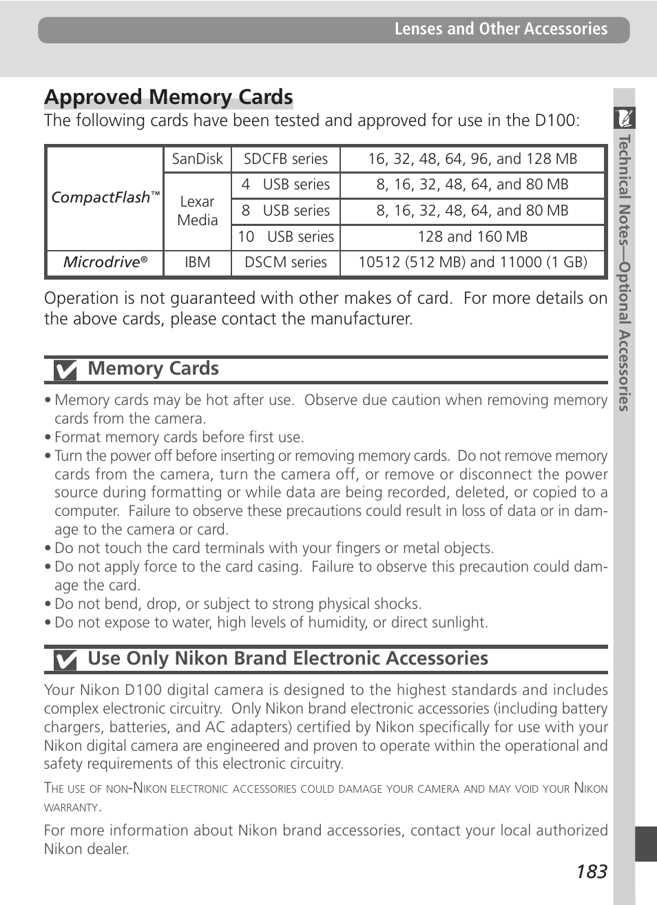 Use only nikon brand electronic accessories, Lenses and other accessories | Nikon D100 User Manual | Page 195 / 212