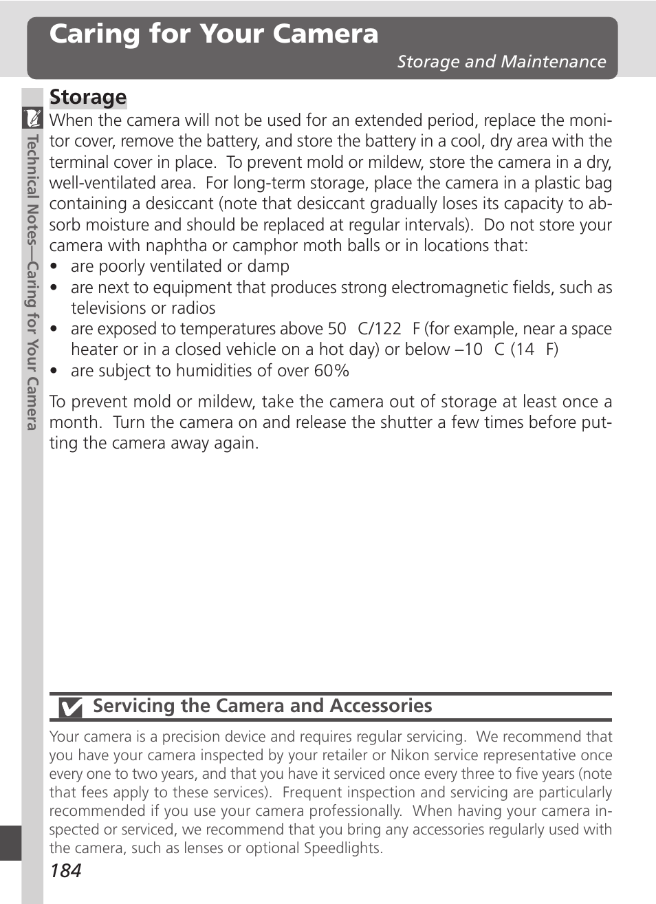 Caring for your camera, Storage | Nikon D100 User Manual | Page 196 / 212